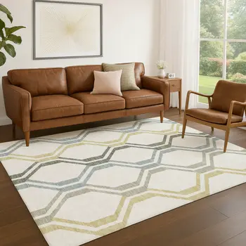 3' X 5' Ivory Gray And Wheat Geometric Washable Indoor Outdoor Area Rug