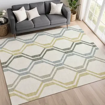 3' X 5' Ivory Gray And Wheat Geometric Washable Indoor Outdoor Area Rug