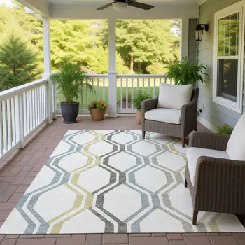 3' X 5' Ivory Gray And Wheat Geometric Washable Indoor Outdoor Area Rug