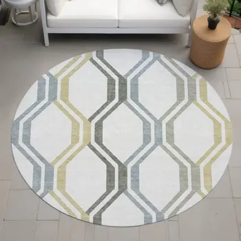 8' Ivory Gray And Wheat Round Geometric Washable Indoor Outdoor Area Rug