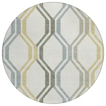 8' Ivory Gray And Wheat Round Geometric Washable Indoor Outdoor Area Rug
