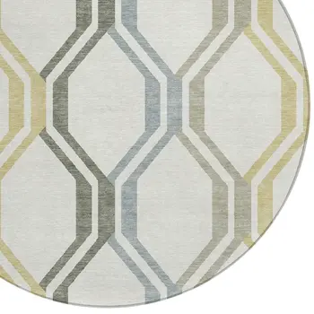 8' Ivory Gray And Wheat Round Geometric Washable Indoor Outdoor Area Rug