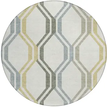 8' Ivory Gray And Wheat Round Geometric Washable Indoor Outdoor Area Rug