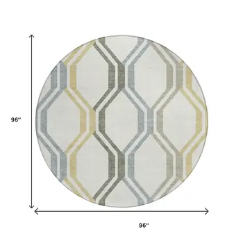 8' Ivory Gray And Wheat Round Geometric Washable Indoor Outdoor Area Rug