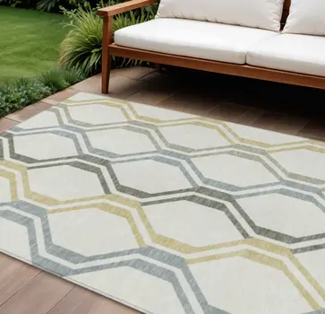 8' X 10' Ivory Gray And Wheat Geometric Washable Indoor Outdoor Area Rug
