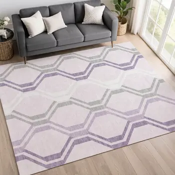 5' X 8' Lavender Ivory And Gray Geometric Washable Indoor Outdoor Area Rug