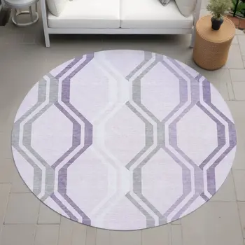 8' Lavender Ivory And Gray Round Geometric Washable Indoor Outdoor Area Rug