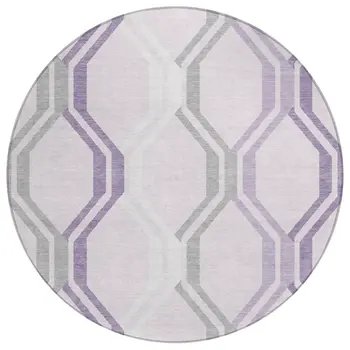 8' Lavender Ivory And Gray Round Geometric Washable Indoor Outdoor Area Rug