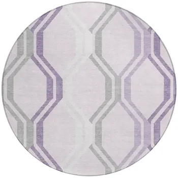8' Lavender Ivory And Gray Round Geometric Washable Indoor Outdoor Area Rug