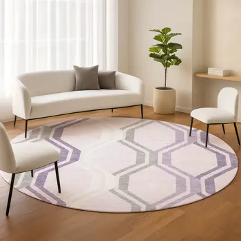 8' Lavender Ivory And Gray Round Geometric Washable Indoor Outdoor Area Rug