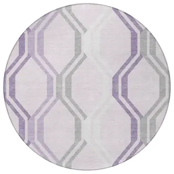 8' Lavender Ivory And Gray Round Geometric Washable Indoor Outdoor Area Rug