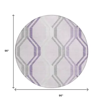 8' Lavender Ivory And Gray Round Geometric Washable Indoor Outdoor Area Rug
