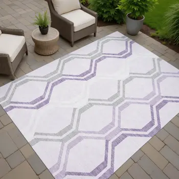 9' X 12' Lavender Ivory And Gray Geometric Washable Indoor Outdoor Area Rug