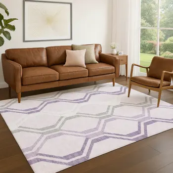 9' X 12' Lavender Ivory And Gray Geometric Washable Indoor Outdoor Area Rug