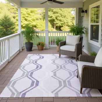 9' X 12' Lavender Ivory And Gray Geometric Washable Indoor Outdoor Area Rug