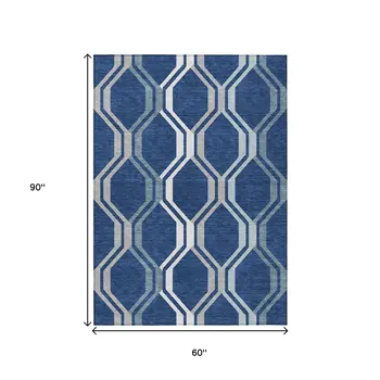5' X 8' Navy Blue And Ivory Geometric Washable Indoor Outdoor Area Rug