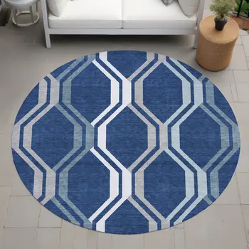 8' Navy Blue And Ivory Round Geometric Washable Indoor Outdoor Area Rug