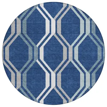 8' Navy Blue And Ivory Round Geometric Washable Indoor Outdoor Area Rug