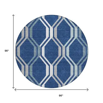 8' Navy Blue And Ivory Round Geometric Washable Indoor Outdoor Area Rug