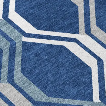 8' Navy Blue And Ivory Round Geometric Washable Indoor Outdoor Area Rug