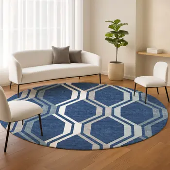 8' Navy Blue And Ivory Round Geometric Washable Indoor Outdoor Area Rug