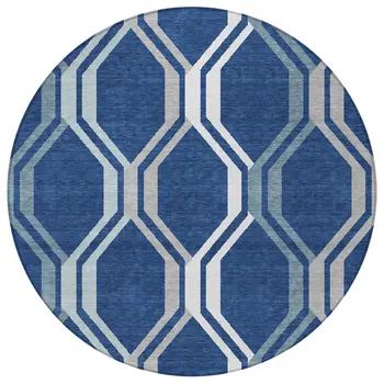 8' Navy Blue And Ivory Round Geometric Washable Indoor Outdoor Area Rug