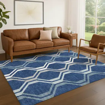 8' X 10' Navy Blue And Ivory Geometric Washable Indoor Outdoor Area Rug