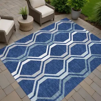 9' X 12' Navy Blue And Ivory Geometric Washable Indoor Outdoor Area Rug