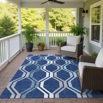 9' X 12' Navy Blue And Ivory Geometric Washable Indoor Outdoor Area Rug