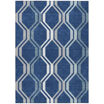10' X 14' Navy Blue And Ivory Geometric Washable Indoor Outdoor Area Rug