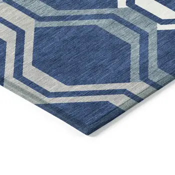 10' X 14' Navy Blue And Ivory Geometric Washable Indoor Outdoor Area Rug