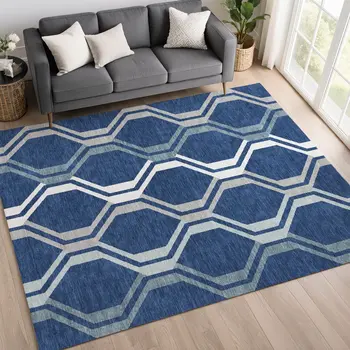 10' X 14' Navy Blue And Ivory Geometric Washable Indoor Outdoor Area Rug