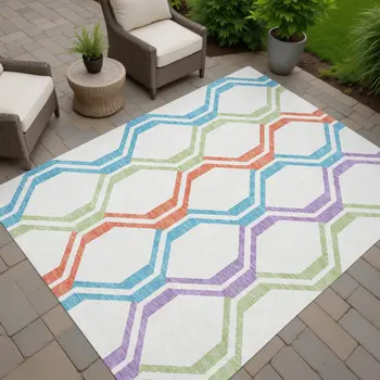 5' X 8' Pearl Blue And Purple Geometric Washable Indoor Outdoor Area Rug