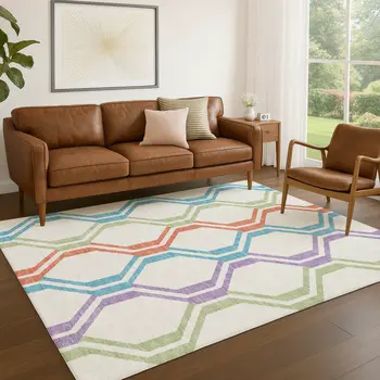 5' X 8' Pearl Blue And Purple Geometric Washable Indoor Outdoor Area Rug