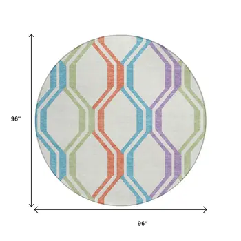 8' Pearl Blue And Purple Round Geometric Washable Indoor Outdoor Area Rug