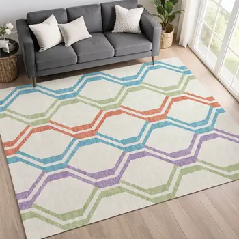 8' X 10' Pearl Blue And Purple Geometric Washable Indoor Outdoor Area Rug