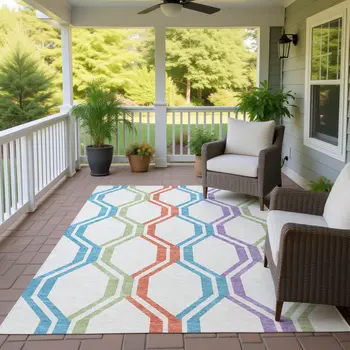 8' X 10' Pearl Blue And Purple Geometric Washable Indoor Outdoor Area Rug