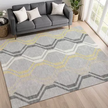 3' X 5' Silver Beige And Charcoal Geometric Washable Indoor Outdoor Area Rug