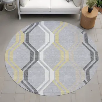 8' Silver Beige And Charcoal Round Geometric Washable Indoor Outdoor Area Rug