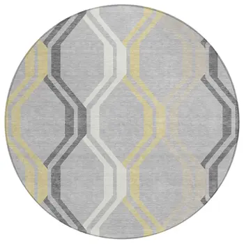8' Silver Beige And Charcoal Round Geometric Washable Indoor Outdoor Area Rug