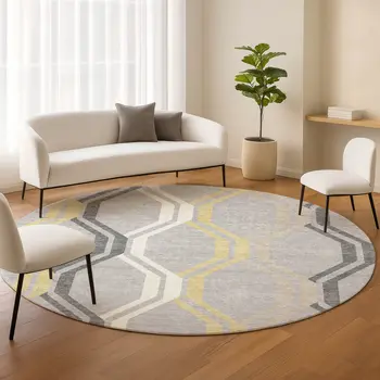 8' Silver Beige And Charcoal Round Geometric Washable Indoor Outdoor Area Rug