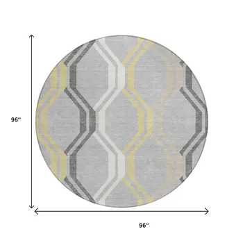 8' Silver Beige And Charcoal Round Geometric Washable Indoor Outdoor Area Rug
