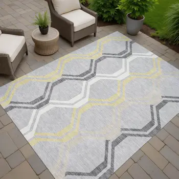9' X 12' Silver Beige And Charcoal Geometric Washable Indoor Outdoor Area Rug