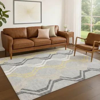 9' X 12' Silver Beige And Charcoal Geometric Washable Indoor Outdoor Area Rug
