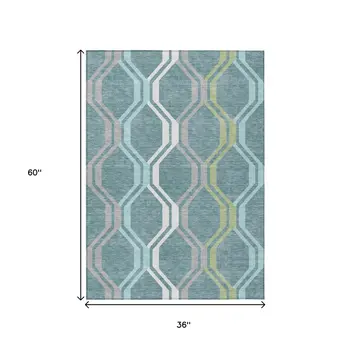 3' X 5' Teal Blue Gray And Ivory Geometric Washable Indoor Outdoor Area Rug