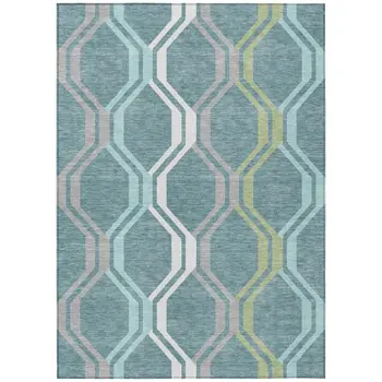 5' X 8' Teal Blue Gray And Ivory Geometric Washable Indoor Outdoor Area Rug