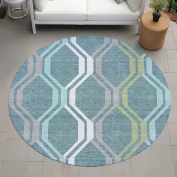 8' Teal Blue Gray And Ivory Round Geometric Washable Indoor Outdoor Area Rug