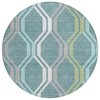 8' Teal Blue Gray And Ivory Round Geometric Washable Indoor Outdoor Area Rug