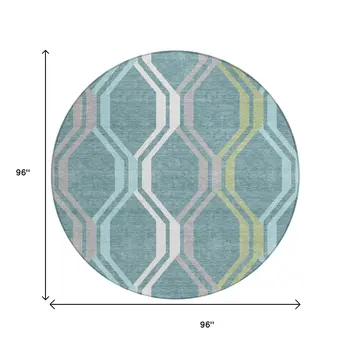 8' Teal Blue Gray And Ivory Round Geometric Washable Indoor Outdoor Area Rug