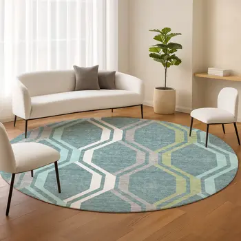 8' Teal Blue Gray And Ivory Round Geometric Washable Indoor Outdoor Area Rug